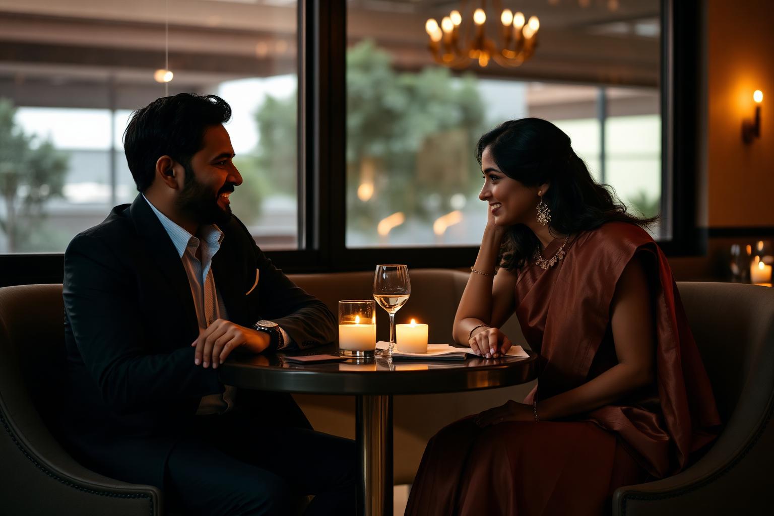 Two people meeting over dinner at a thoughtfully arranged blind date